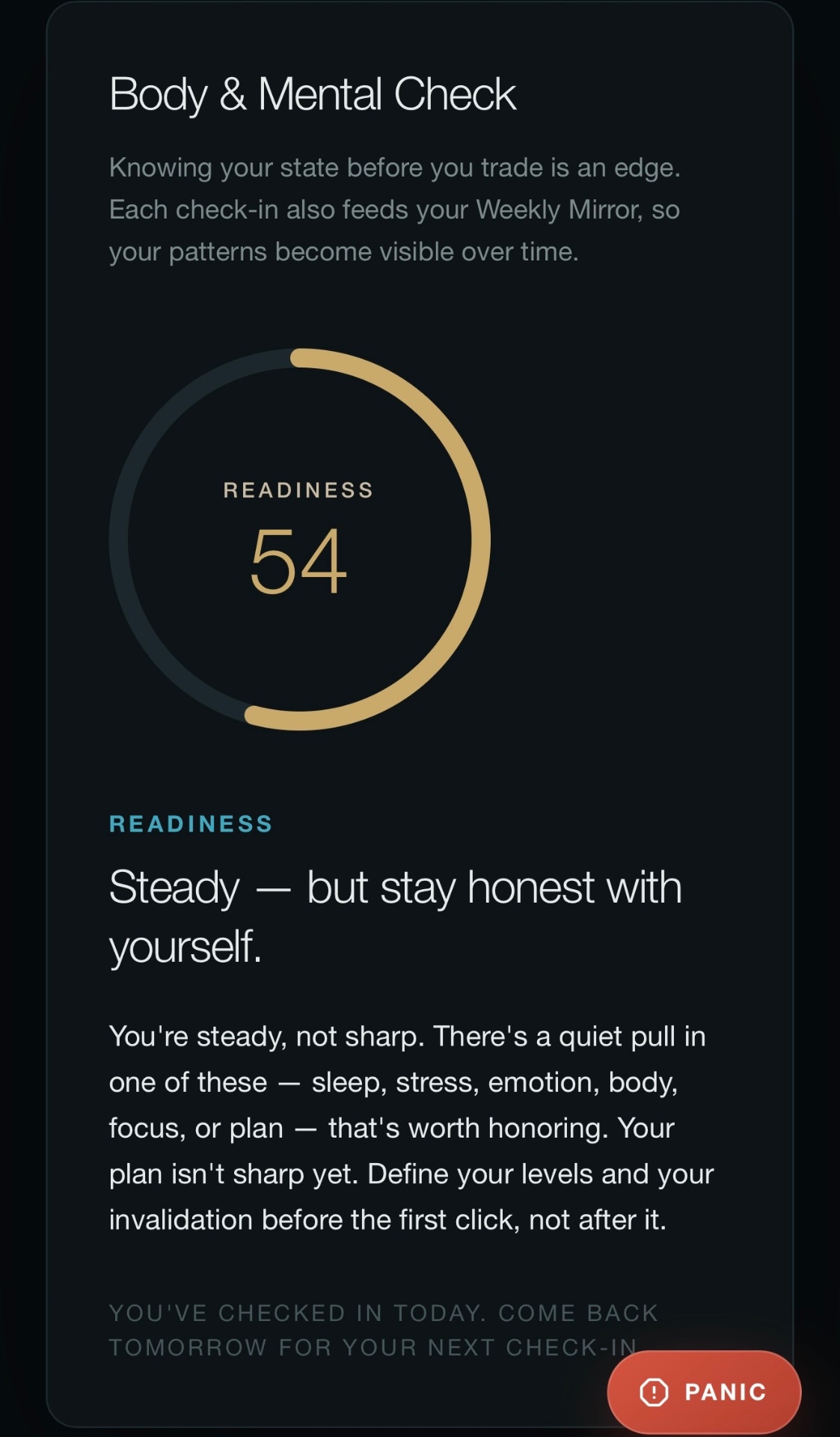 Readiness check screen from ancora, anonymized